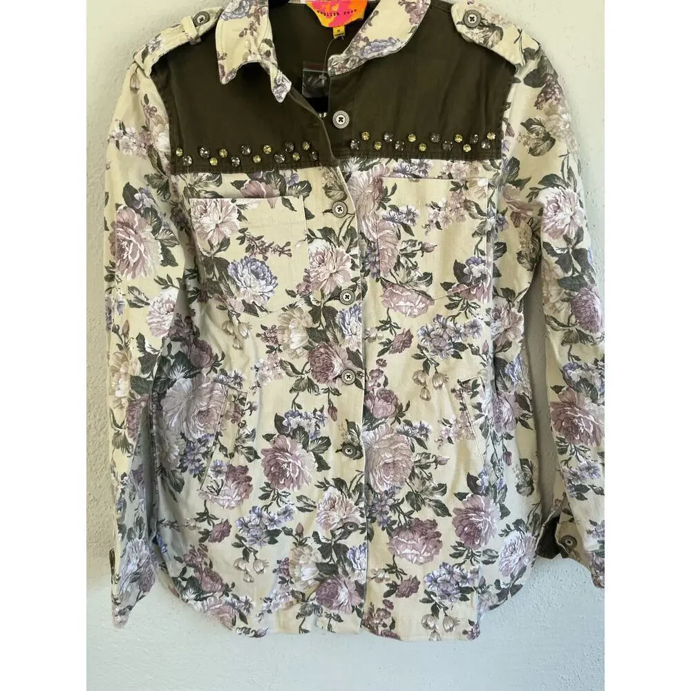 Anthropologie English Roses Woman  Floral Studded Denim Jacket, Size Med…